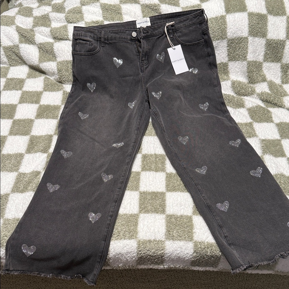 Chic Gray Heart-Embellished Women's Flare Jeans